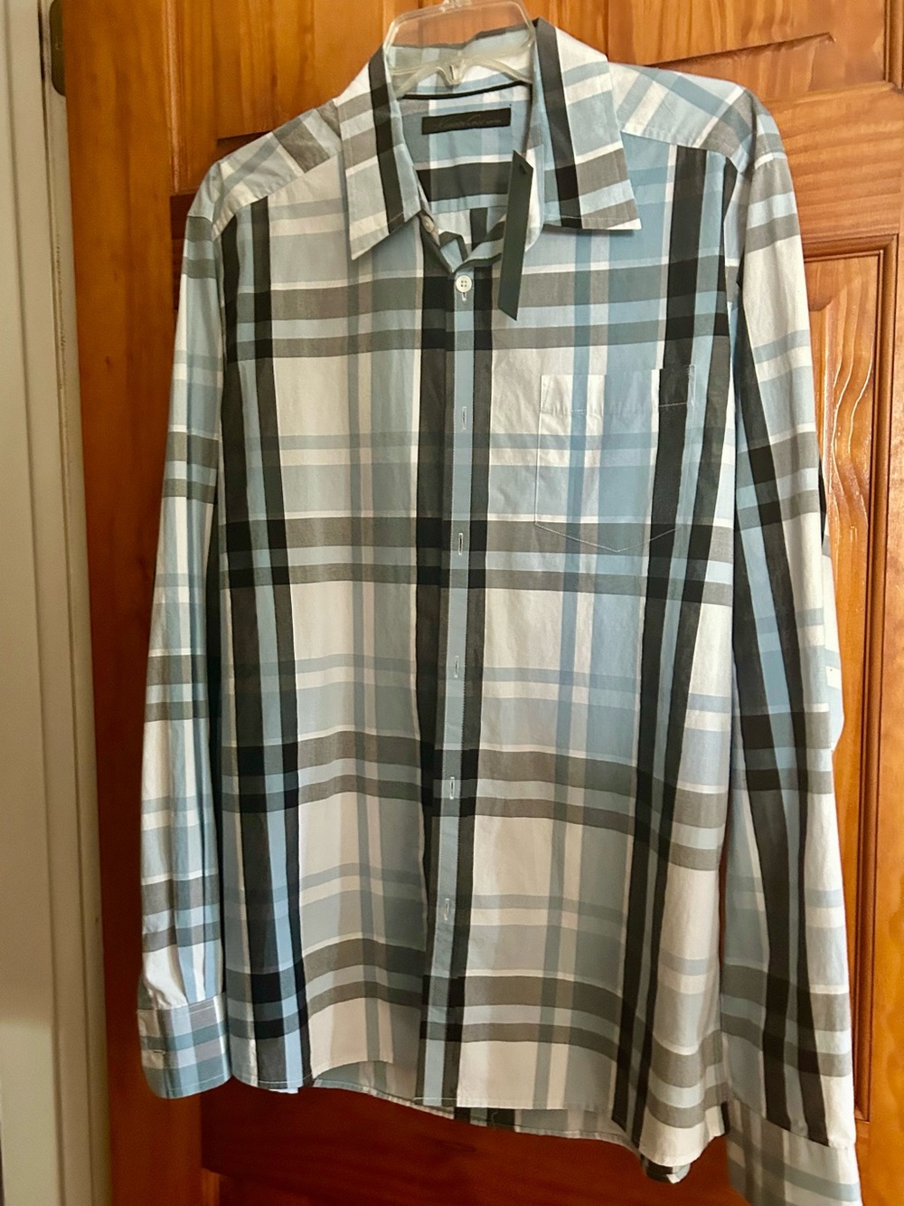 Mens Kenneth Cole N.Y. light blue w/black plaid long-sleeve button-front shirt